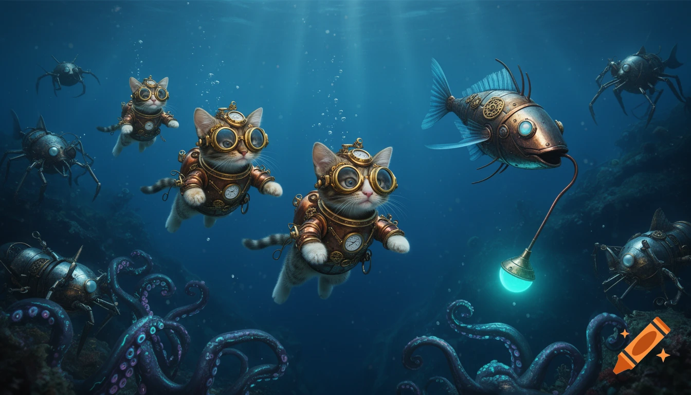 Three steampunk kittens in diving gear swim in a deep-sea trench alongside mechanical fish, crabs, and an octopus.