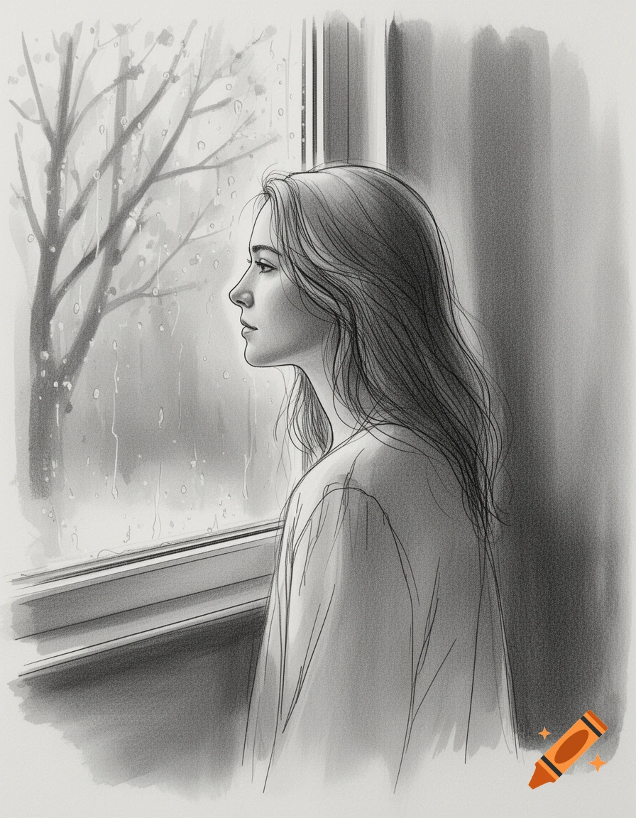 A young woman with long hair looks pensively out a window at a rainy tree, rendered in a black and white sketch style.