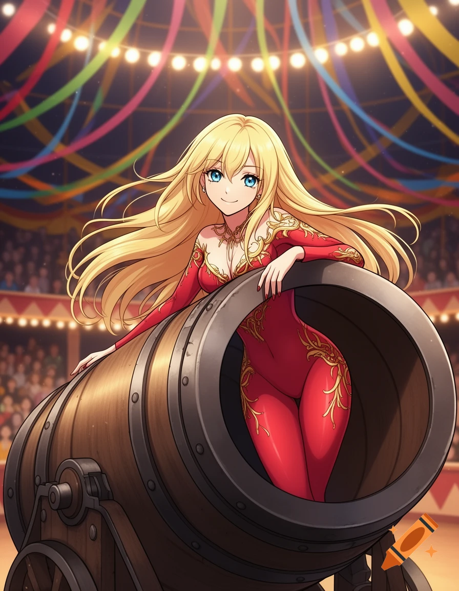 Anime woman with blonde hair and blue eyes, smiling while in a cannon at a circus, wearing a red leotard with gold accents.