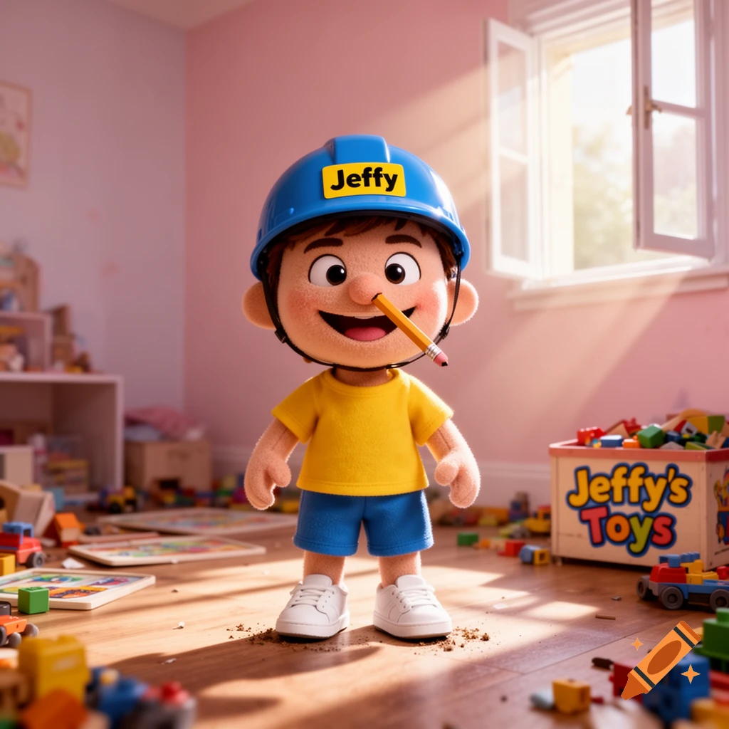 A 3D animated character, Jeffy, wearing a blue helmet and yellow shirt, stands in a toy-filled room with a pencil in his nose.