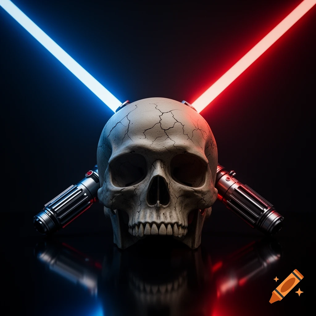 A cracked human skull sits on a reflective dark surface, crossed by glowing blue and red lightsabers.