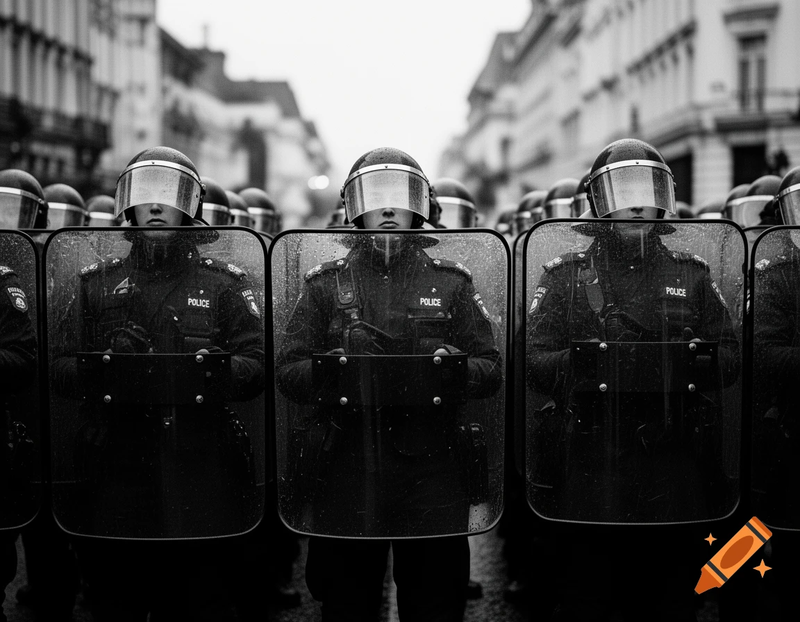 A line of riot police with visored helmets and shields stand in a row on a city street, captured in dramatic black and white photography.