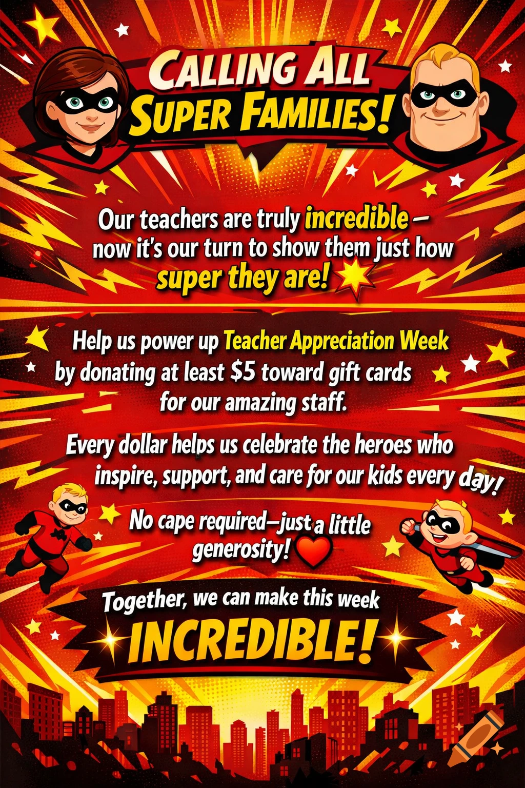 A superhero-themed flyer for Teacher Appreciation Week, featuring cartoon characters resembling The Incredibles, promoting donations for gift cards.
