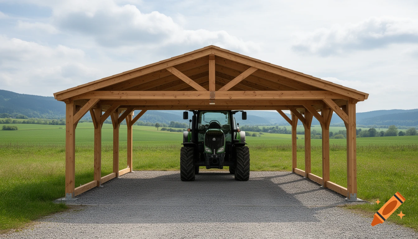 A green tractor parked under a large wooden carport in a verdant field with distant mountains under a cloudy sky.