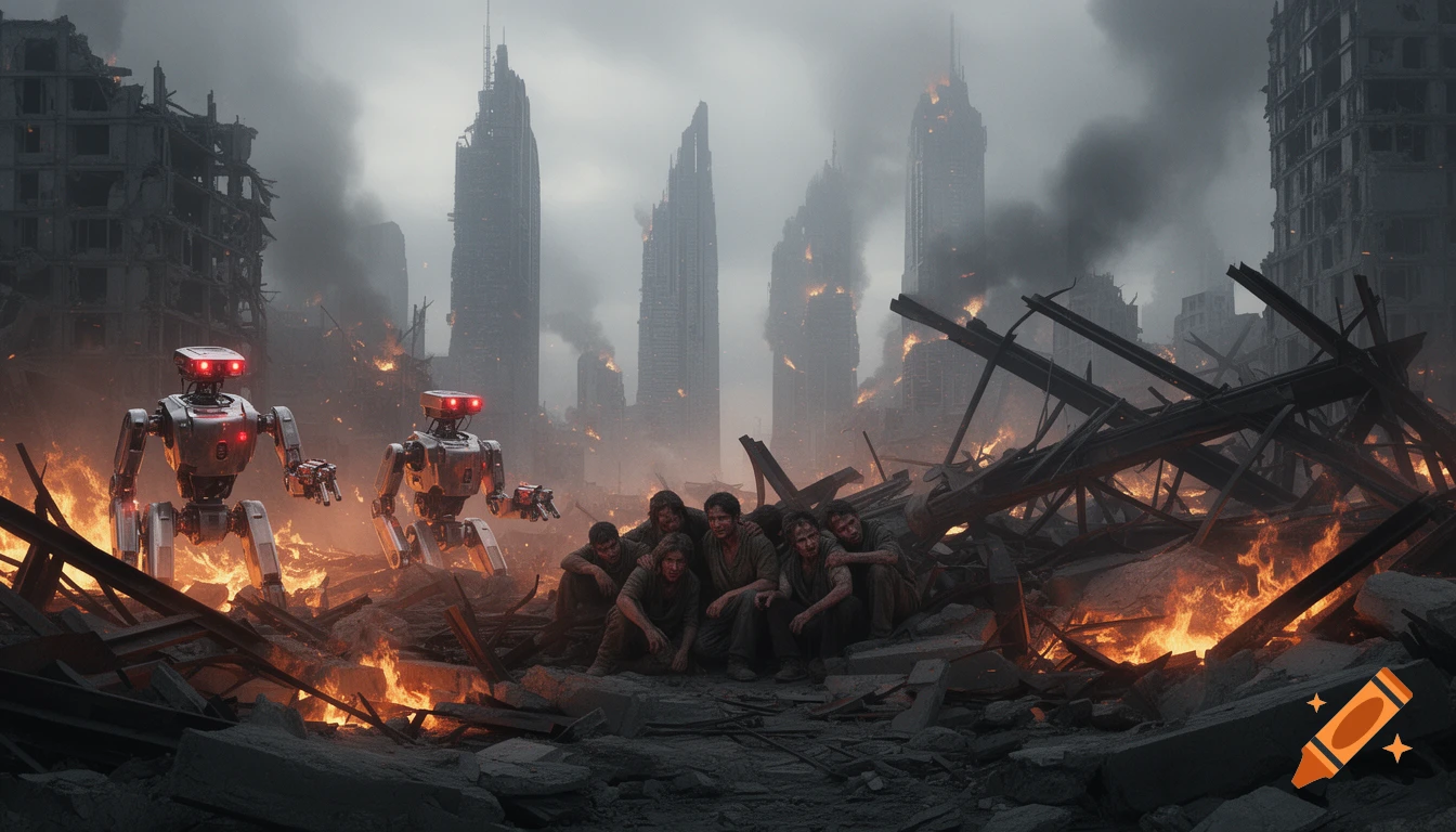 Two robots stalk through a burning, ruined futuristic city while a group of survivors huddles in the rubble.