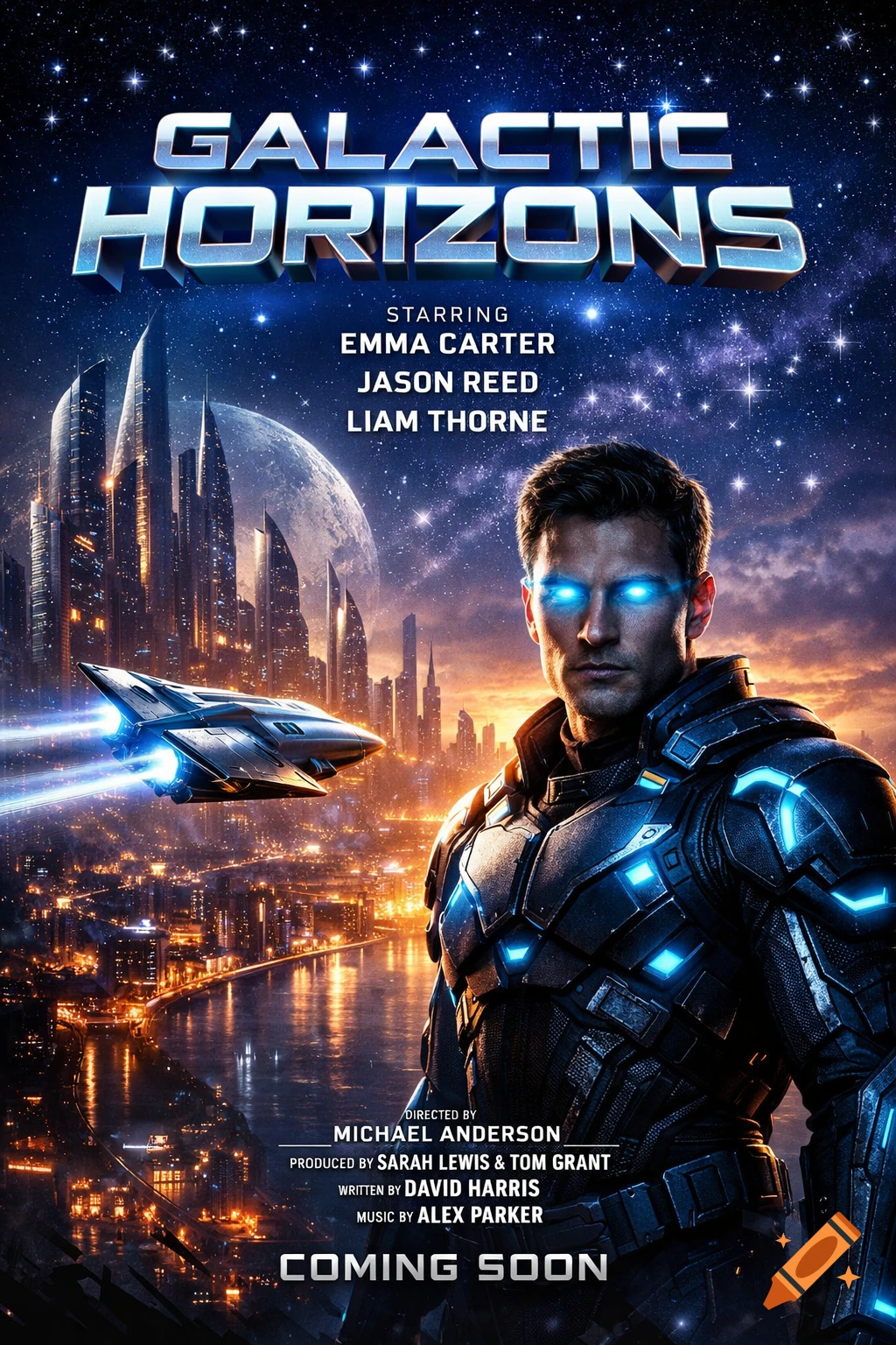 A futuristic movie poster for 'Galactic Horizons', showing a man in armor with glowing eyes, a spaceship, and a futuristic city under a starry sky.
