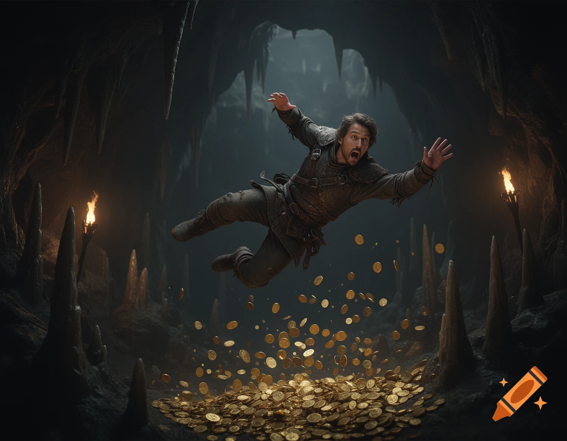 A fantasy adventurer falls backward in a dark cave, scattering gold coins from a pile, with a panicked expression illuminated by torches.