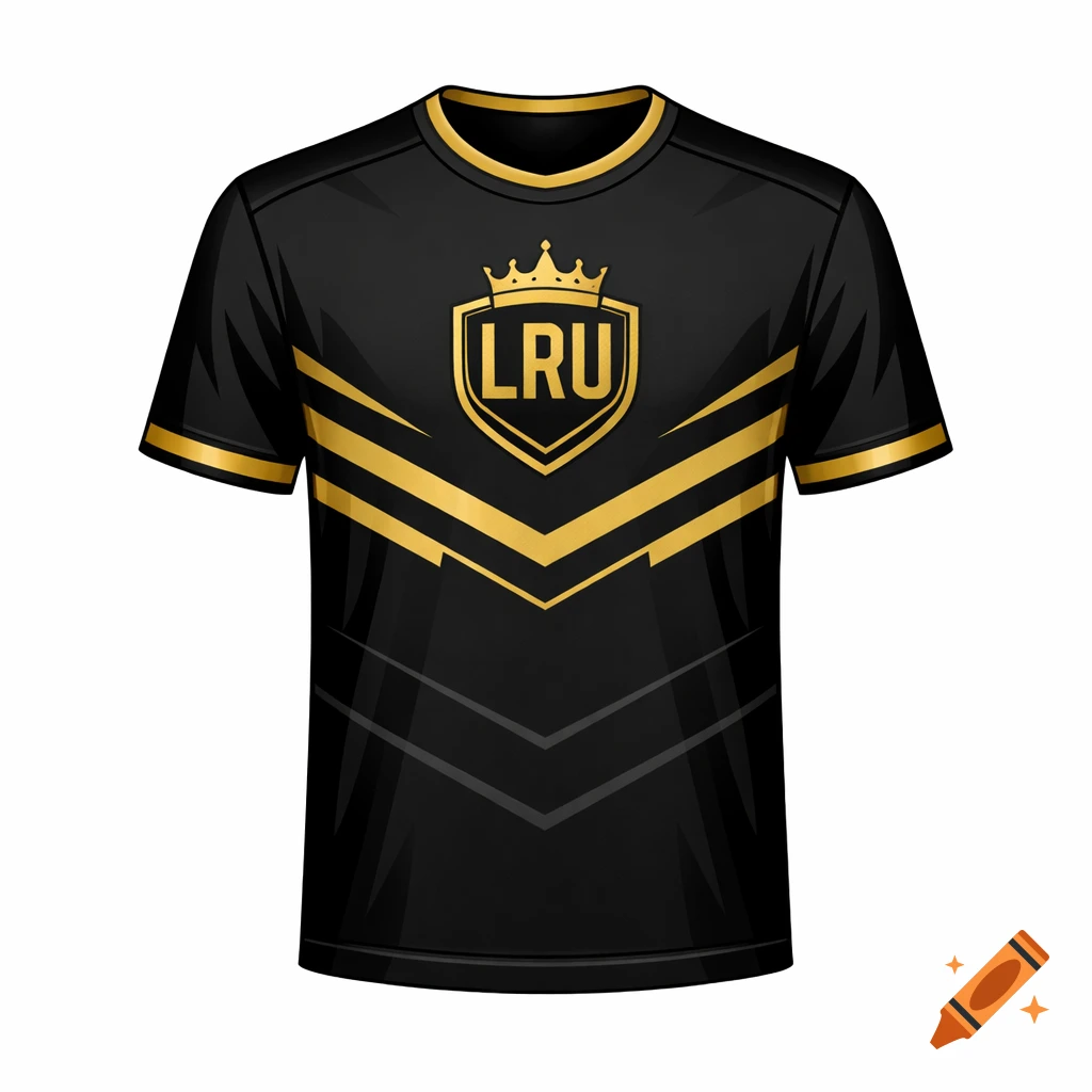 A black t-shirt with gold minimalist patterns, a gold shield logo with 'LRU' and a crown, and gold trim on the collar and sleeves.