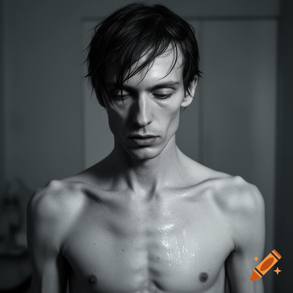 Black and white portrait of a shirtless, emaciated man with dark, wet hair looking down.
