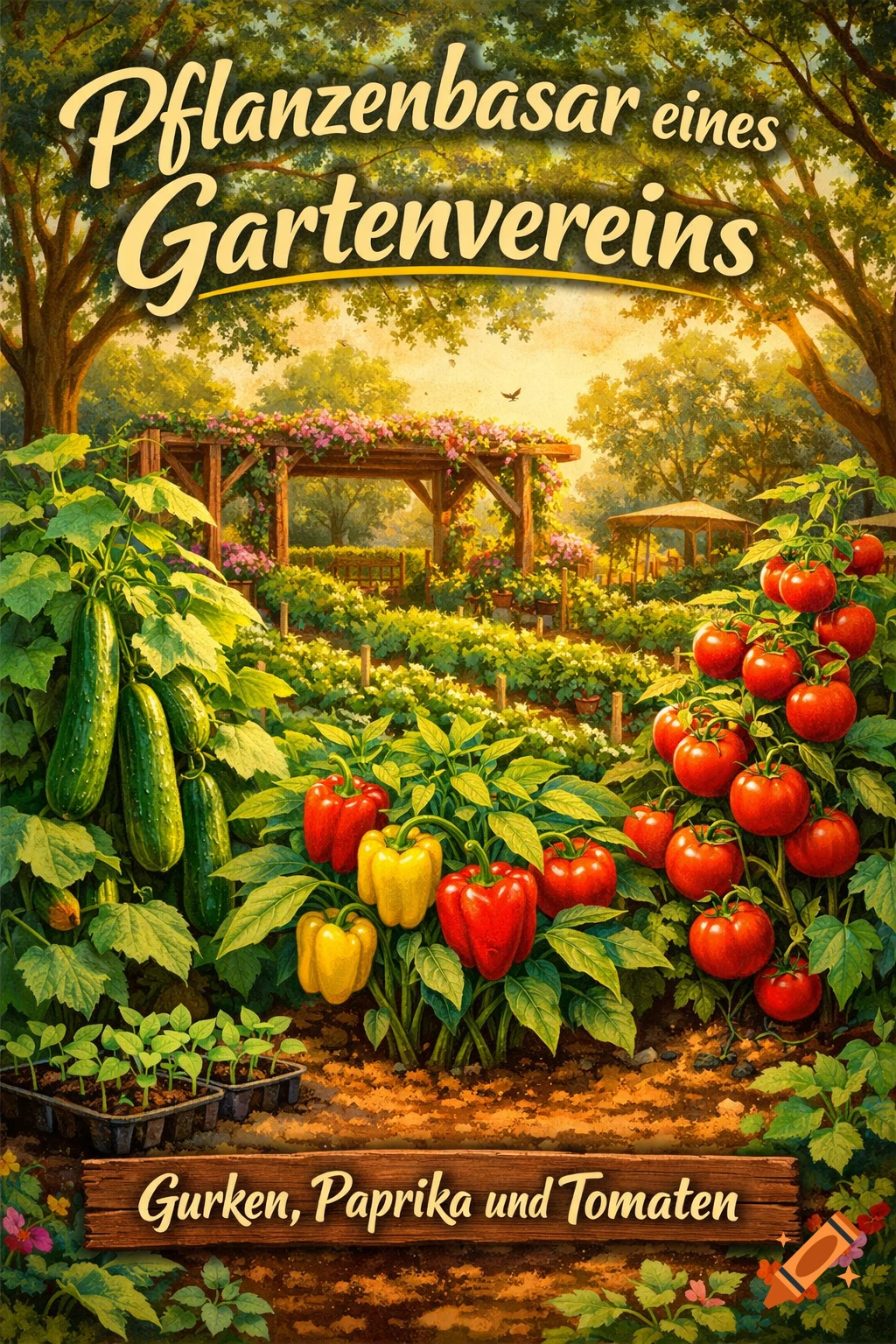 Vibrant garden market poster featuring cucumbers, bell peppers, and tomatoes, with a lush garden and text.