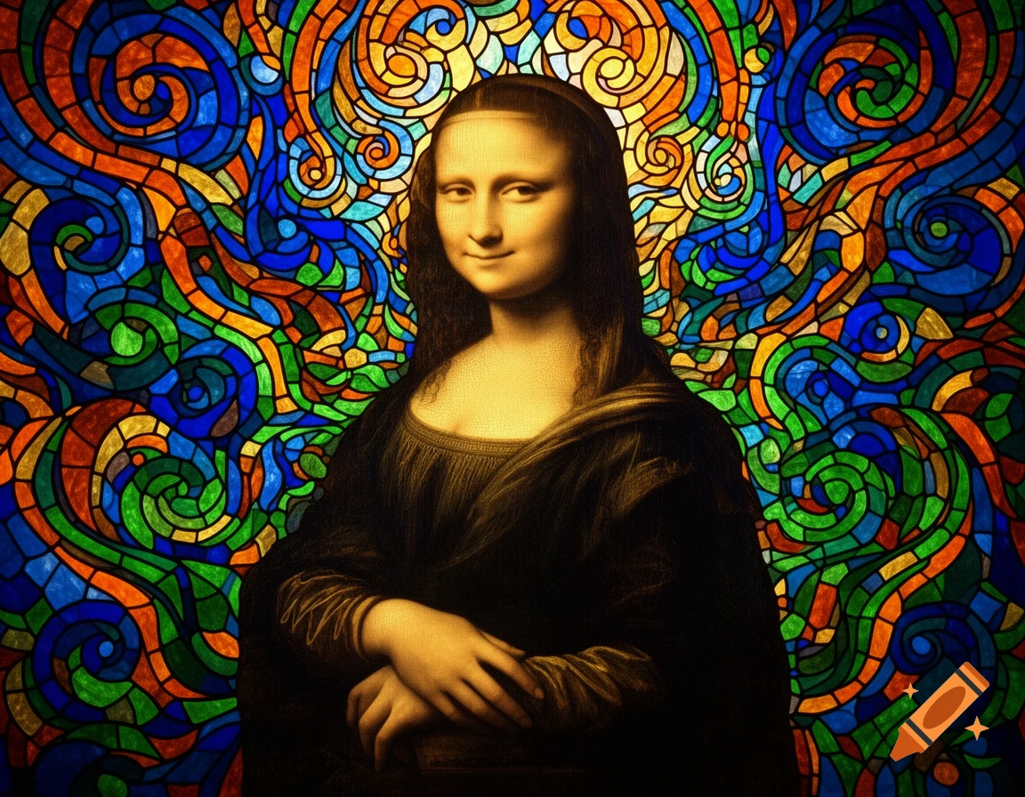 Mona Lisa portrait with an intricate, vibrant abstract stained glass background featuring swirls of blue, green, orange, and red.