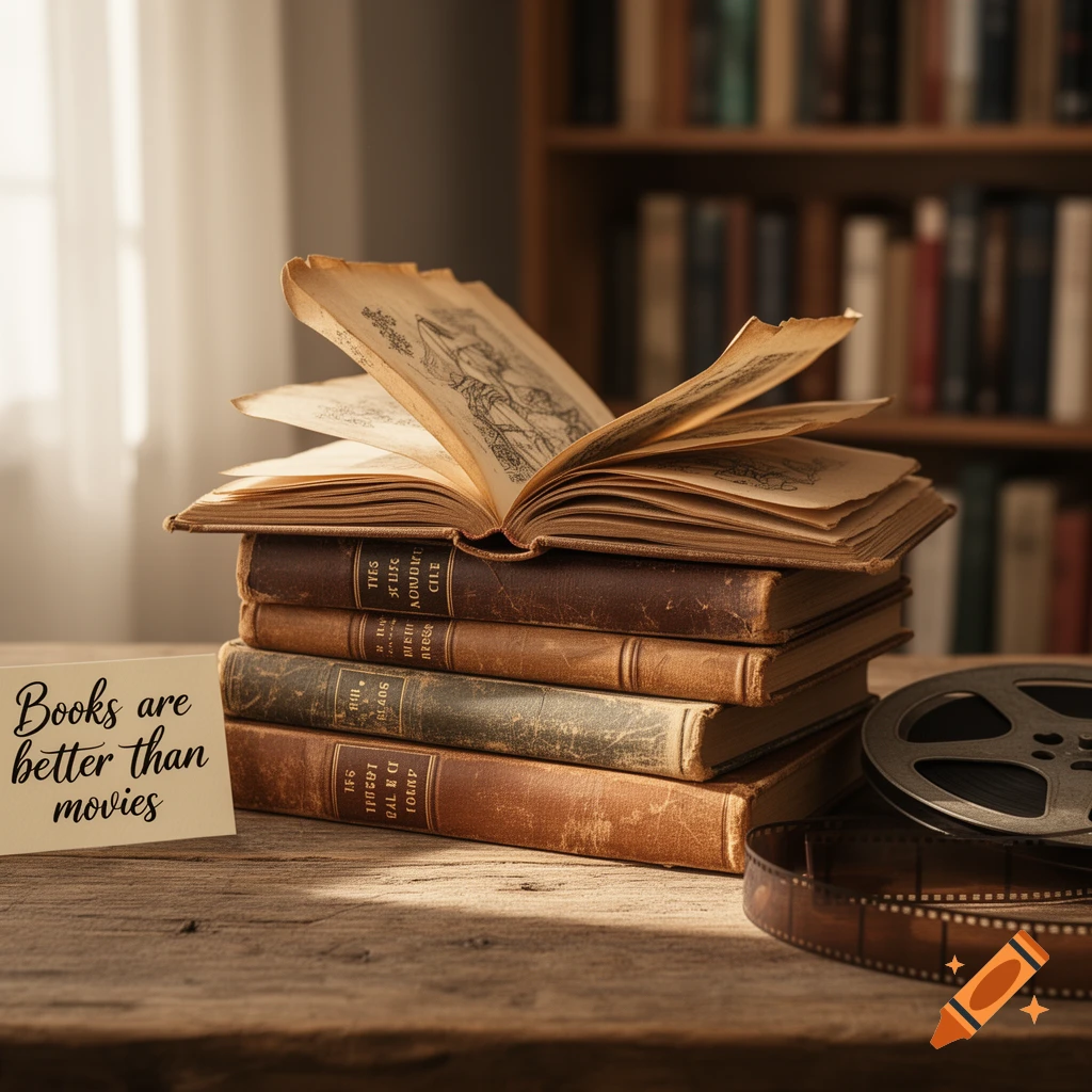 A photorealistic still life of old books stacked on a wooden table, with an open book on top, a note saying "Books are better than movies", and a movie reel with film strip.