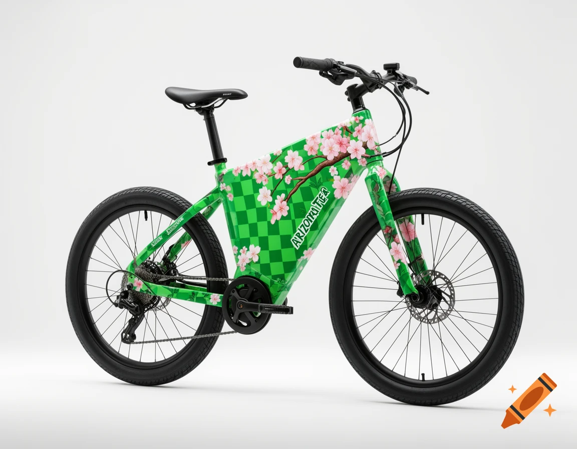 A green e-bike with a checkered pattern and pink sakura blossoms, featuring 'ARIZONA TEA' branding on a white background.