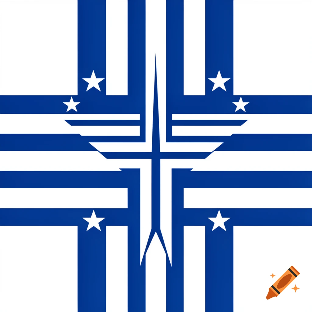 A geometric flag design with blue stripes on a white background, forming a cross pattern, with white stars in each corner and an abstract central motif.