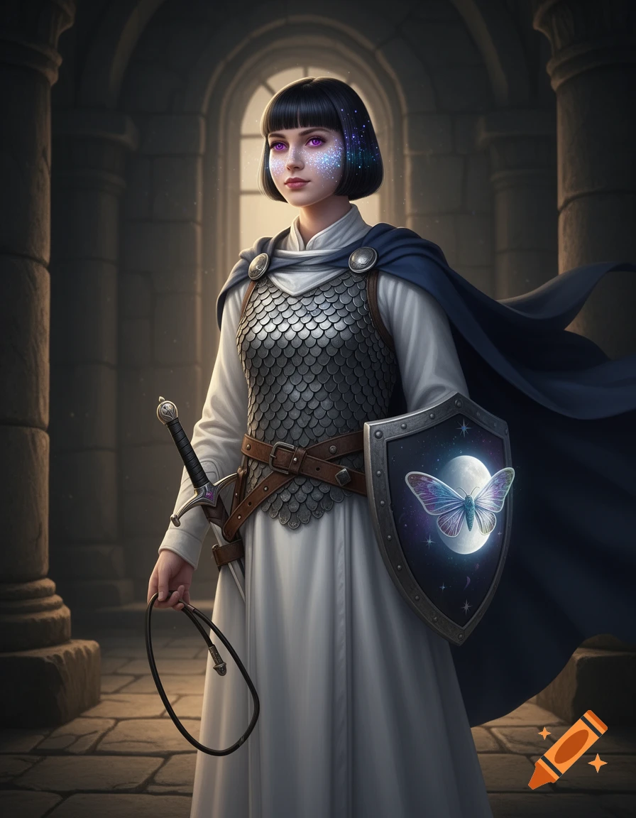 A fantasy cleric in scale mail and white robes, with dark bob hair and glitter freckles, holding a sword, whip, and a shield with a moth-wing moon, in a stone temple.