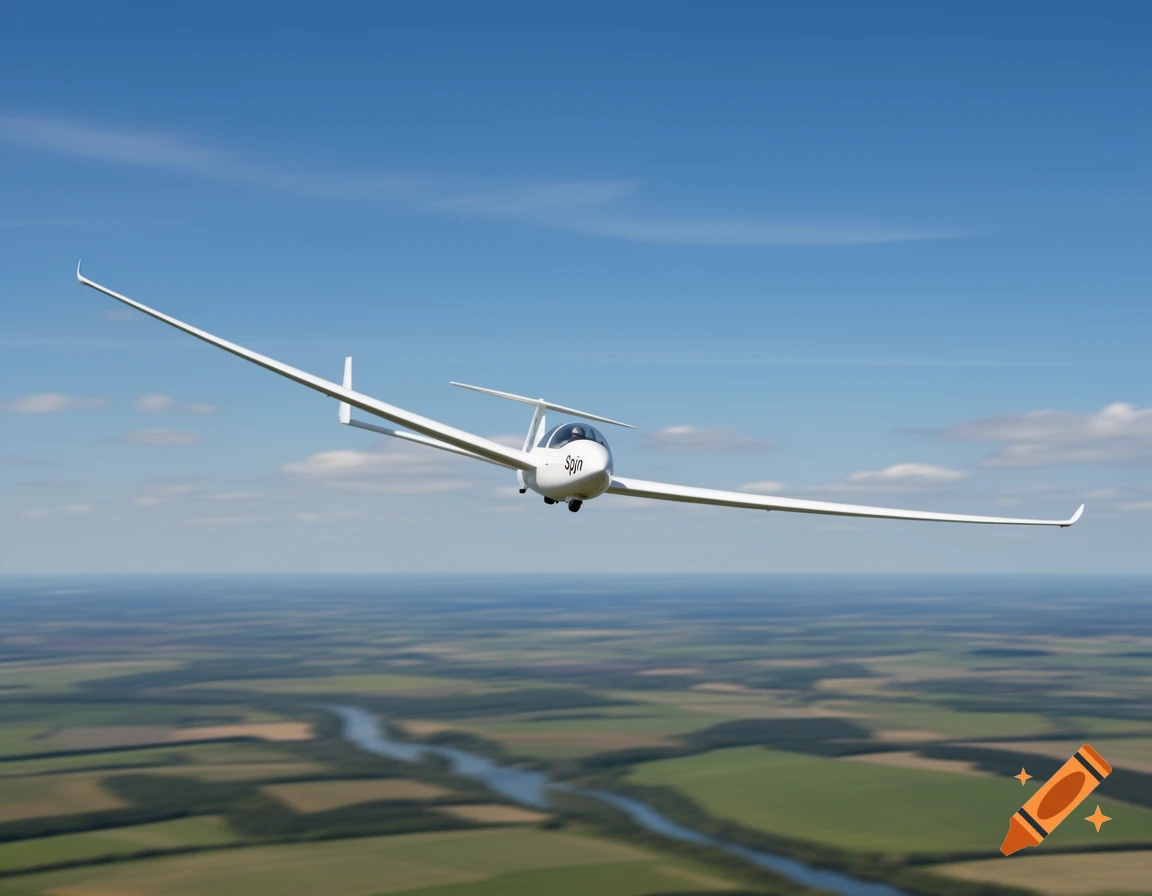 White glider soaring high above green fields and a winding river under a clear blue sky, photorealistic.