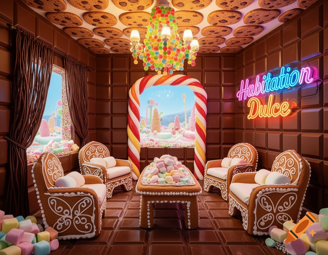 A whimsical room made of chocolate bars and cookies, featuring gingerbread furniture and a colorful candy chandelier, with a view of a sweet landscape.