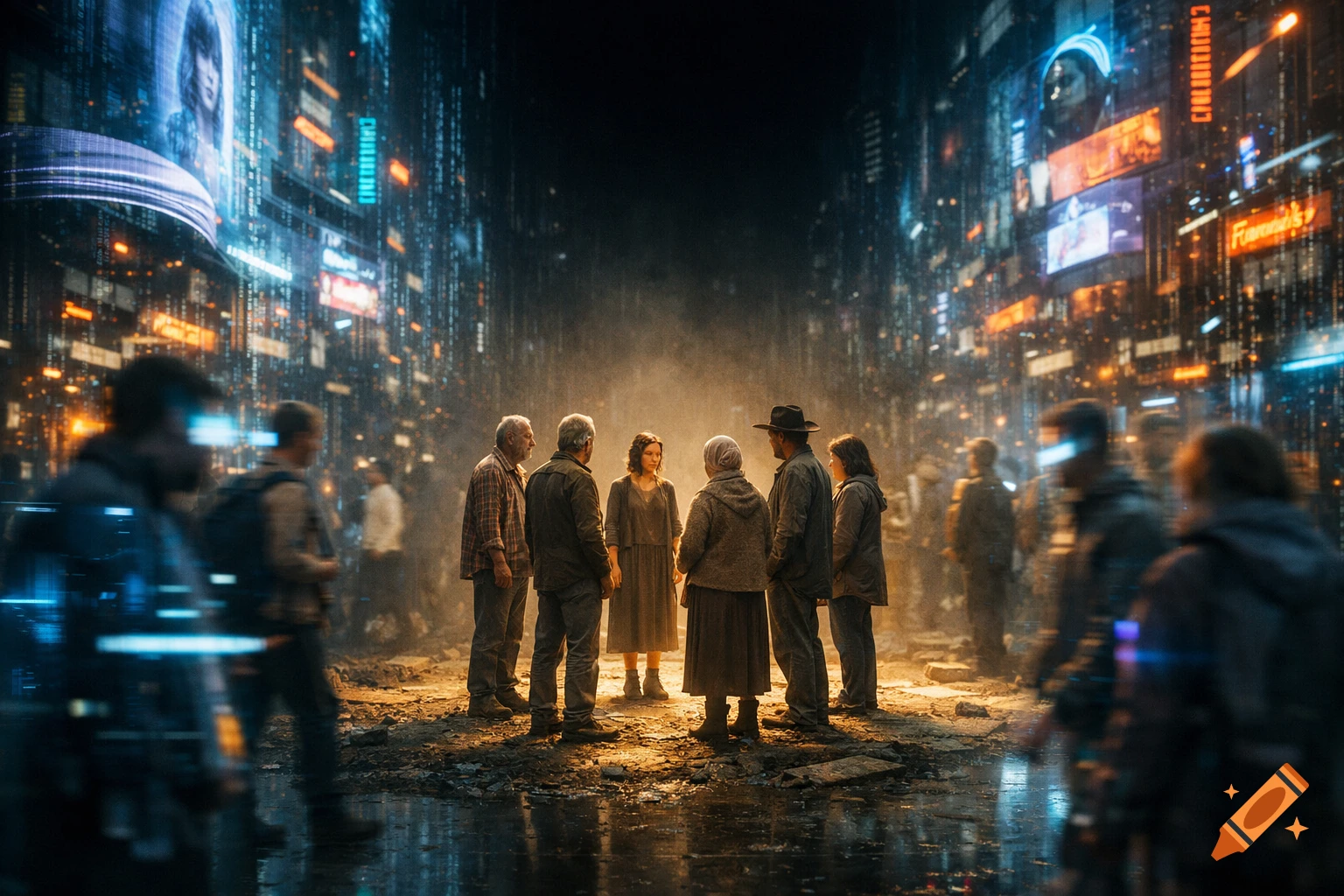 A group of people standing in a void of warm light amidst a bustling, neon-lit futuristic city with glowing digital data streams.