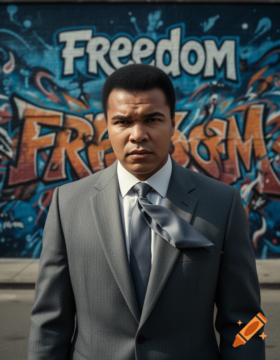 Photorealistic portrait of Muhammad Ali in a grey suit and tie, standing in front of a blue and orange graffiti wall with the word 'Freedom'.
