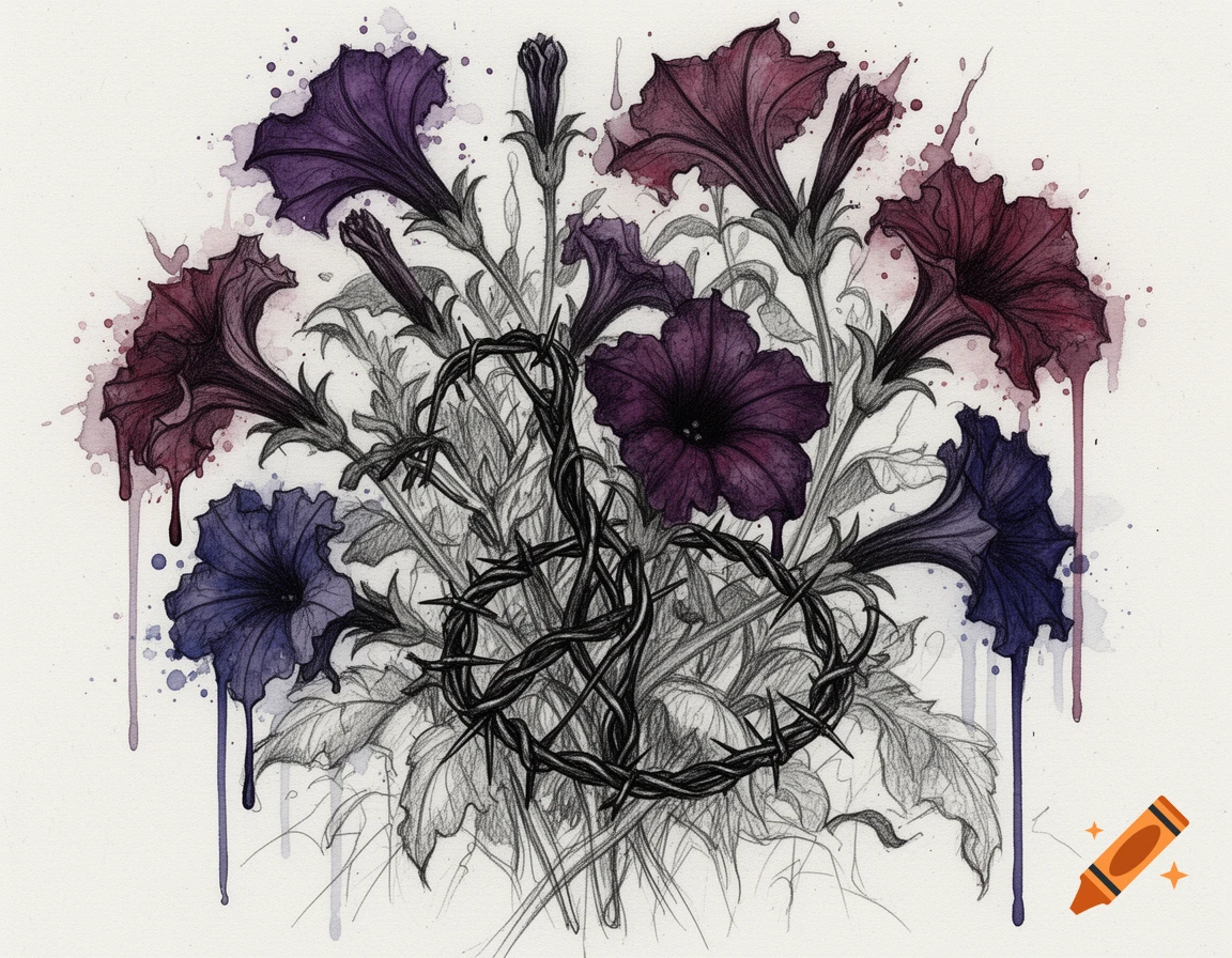 Gothic botanical sketch of purple, burgundy, and indigo petunias with barbed wire stems and watercolor splashes.