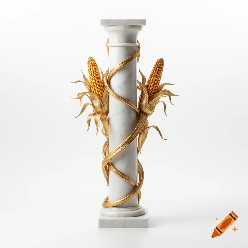 A white marble column wrapped with golden corn cobs and spiraling vines on a white background, in a sculptural style.