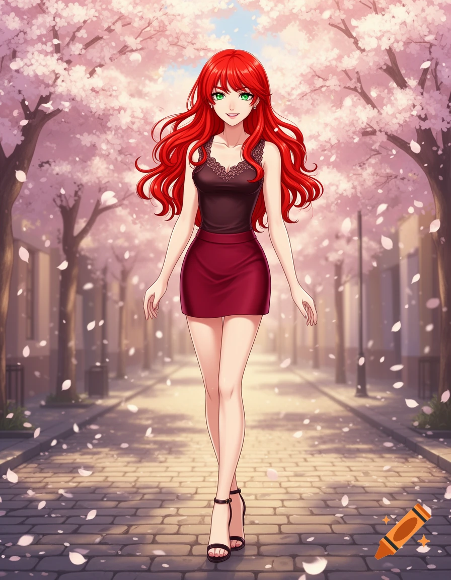 An anime-style redheaded woman in a black top and red skirt walks down a cobblestone path under cherry blossom trees.