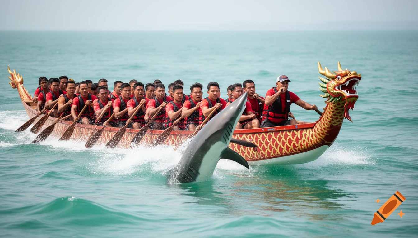 A group of men in red shirts row a colorful dragon boat on the ocean as a shark jumps out of the water next to them, creating a splash.