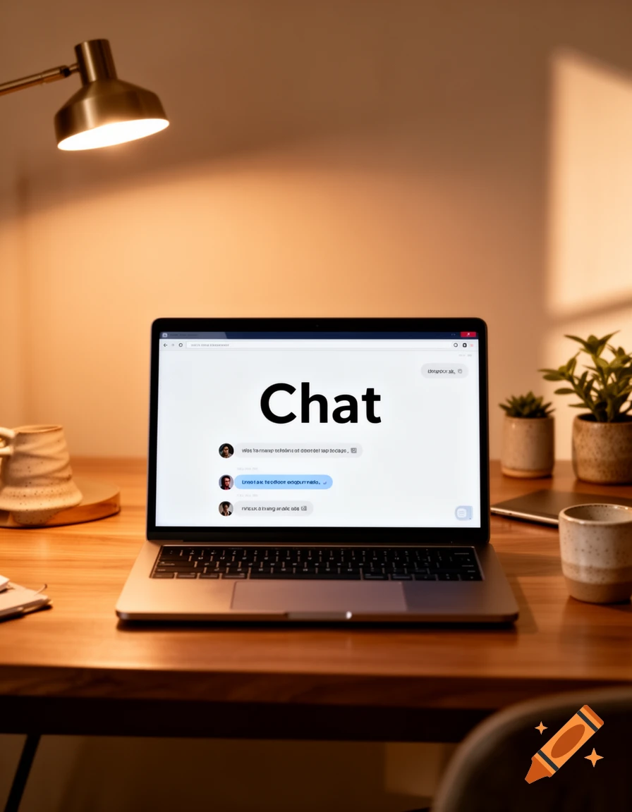 A laptop on a wooden desk displays a chat application with the word "Chat" prominently, under a brass desk lamp. Other desk items include mugs and small plants.