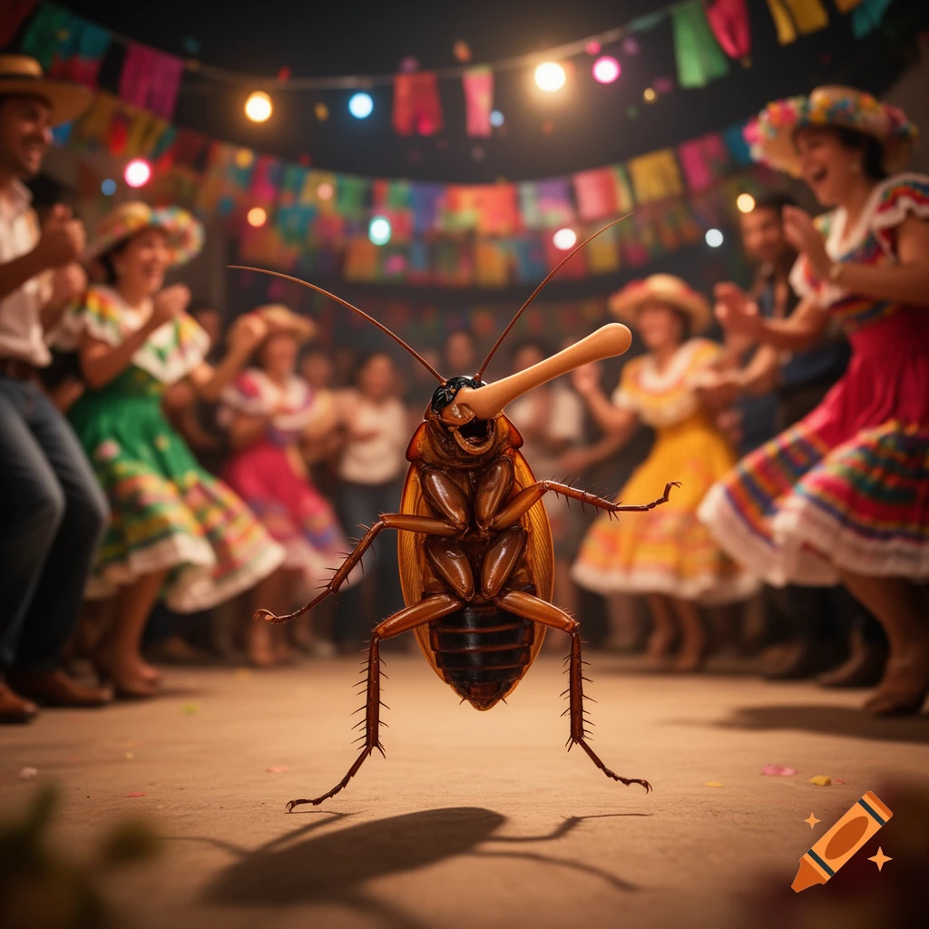A giant cockroach with a long nose dances upright on a stage, with blurred people in festive attire dancing under string lights in the background.
