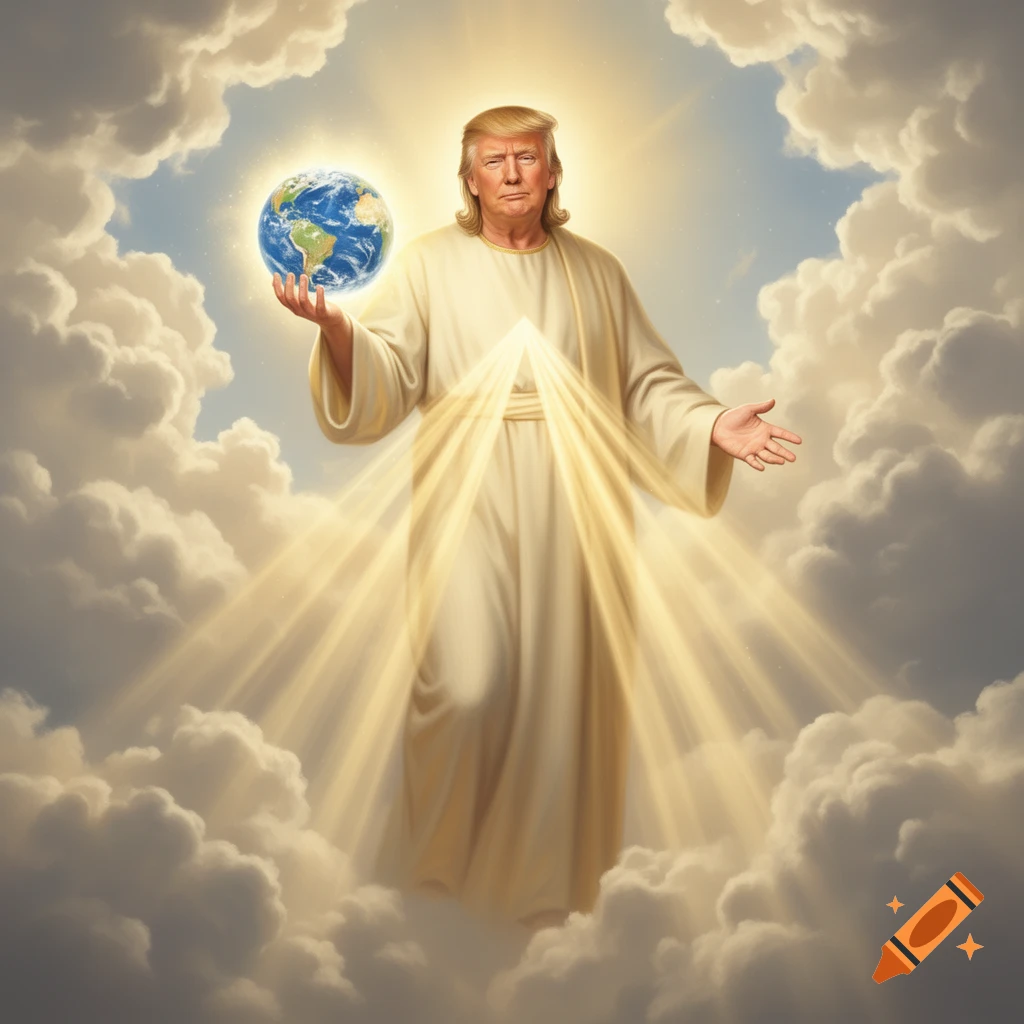 Donald Trump portrayed as a Jesus-like figure in flowing robes, holding the Earth amid clouds and golden divine light.