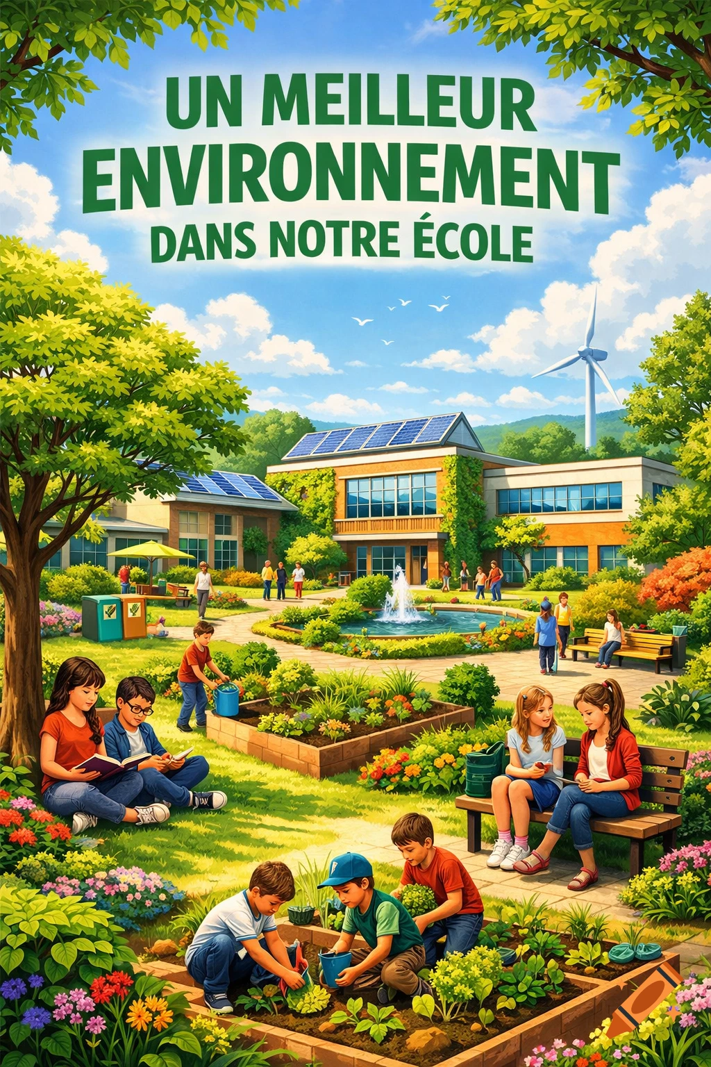 Vibrant illustration of a school garden with children planting and reading, adults walking, and buildings with solar panels and a wind turbine. Text reads: 'UN MEILLEUR ENVIRONNEMENT DANS NOTRE ÉCOLE'.