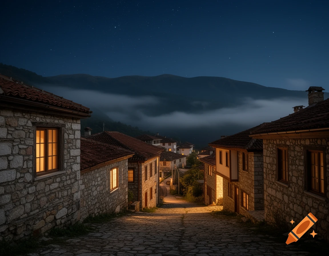 A cobblestone street winds through a stone village at night, with lights glowing warmly from windows of traditional houses. Fog lies in the valley beyond, under a starry sky.