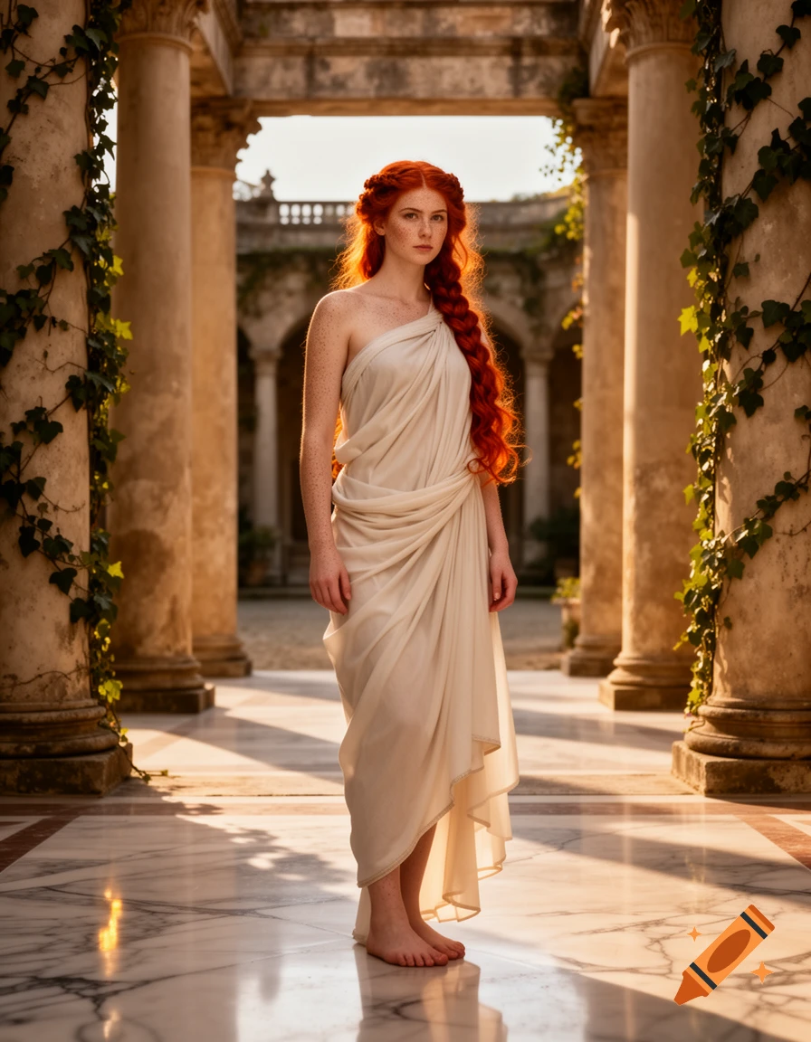 Photorealistic portrait of a red-haired woman in a Roman toga, barefoot, standing in a classical colonnade with ivy.
