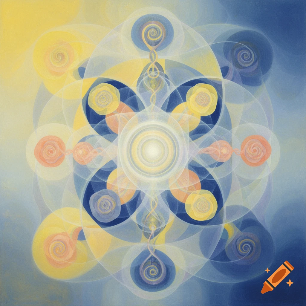 Abstract painting with concentric circles and spirals in yellow, blue, and orange, in Hilma af Klint's style.