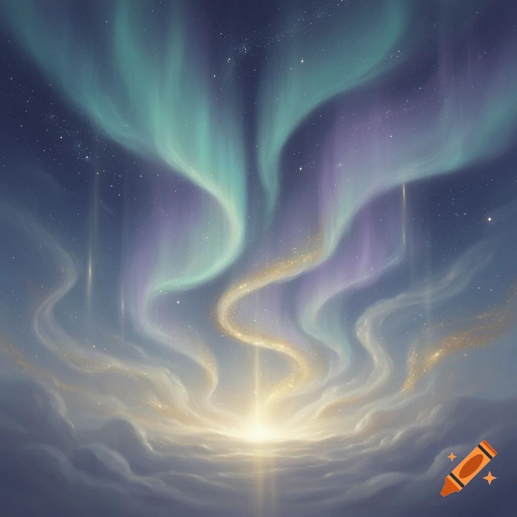 A stylized night sky with swirling green and purple aurora-like lights and golden shimmering trails, above soft clouds illuminated by a bright central light.