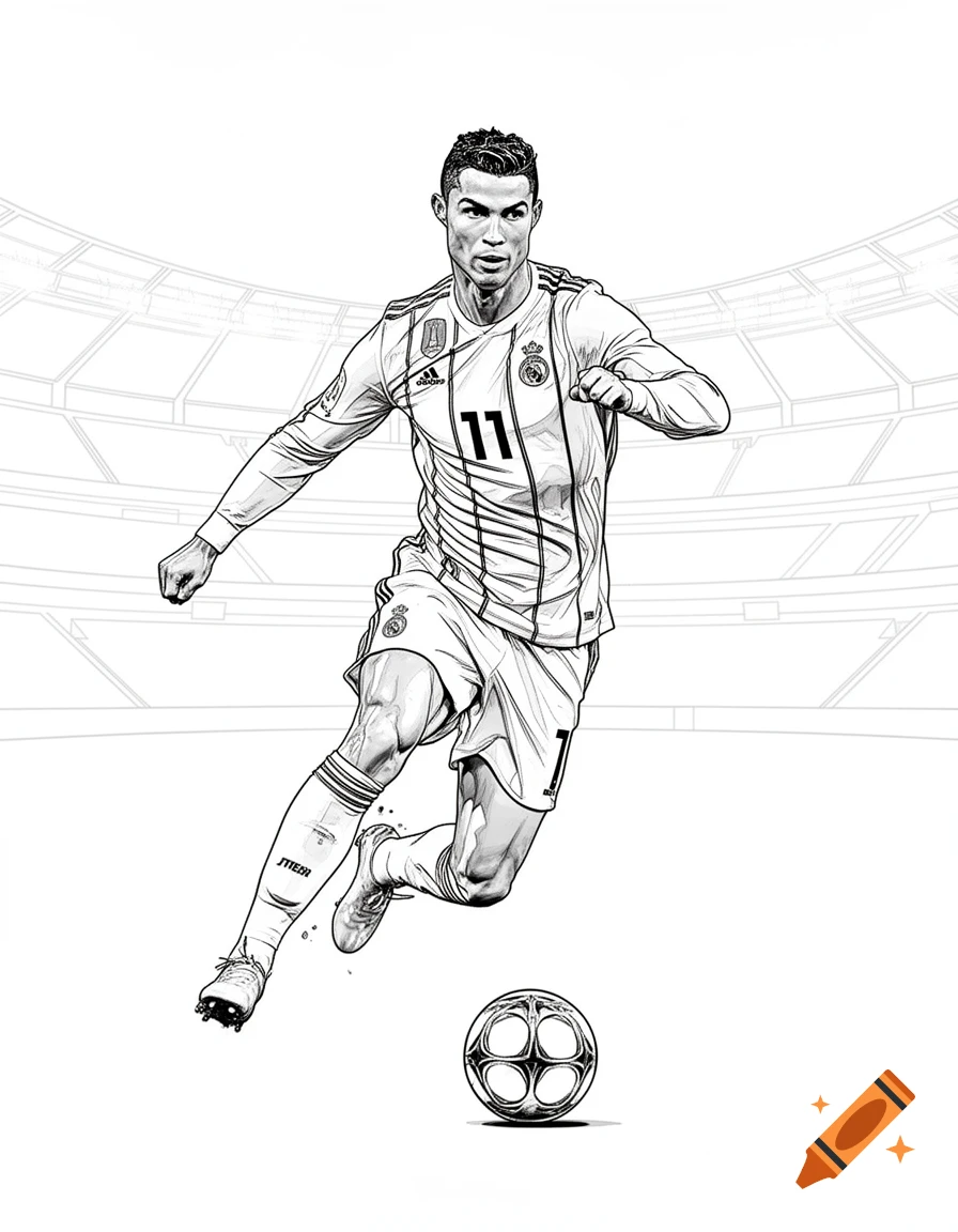 Black and white line art coloring page of Cristiano Ronaldo in a soccer uniform with number 11, dribbling a ball in a stadium.