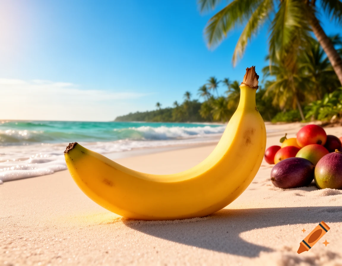 A close-up of a yellow banana lying on a sandy beach with the ocean, waves, and palm trees in the background under a sunny sky. Other fruits are visible on the sand to the right.