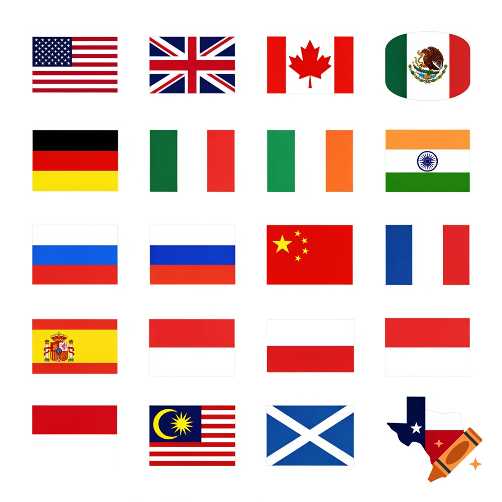 A grid of national and sub-national flags on a white background, including the USA, UK, Canada, Mexico, Germany, Italy, India, Russia, France, China, Spain, Poland, Indonesia, Malaysia, Scotland, and Texas.