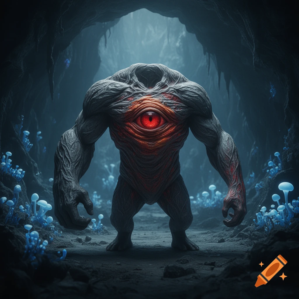 A headless, muscular alien creature with a glowing red eye in its torso ...