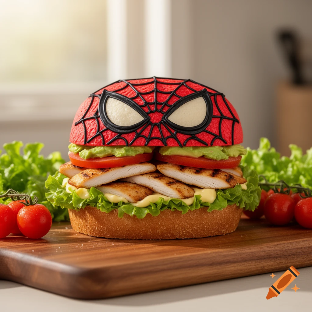 Close-up of a Spider-Man themed sandwich with grilled chicken, avocado, tomato, and lettuce on a wooden board.