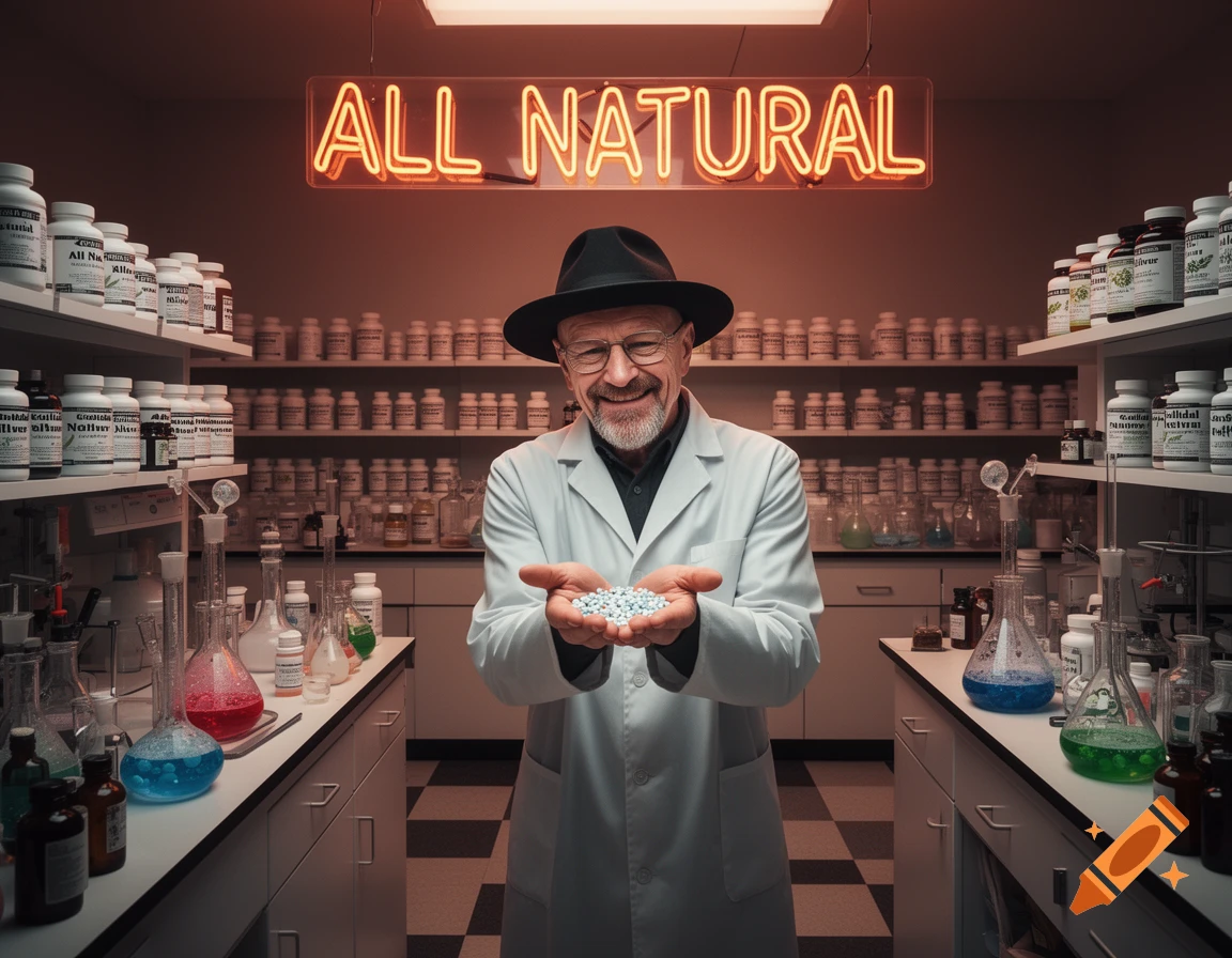 A man in a lab coat and black hat, resembling Walter White, smiles while holding a handful of small blue and white pills in a dimly lit lab with shelves of bottles and beakers. A neon sign above reads "ALL NATURAL".