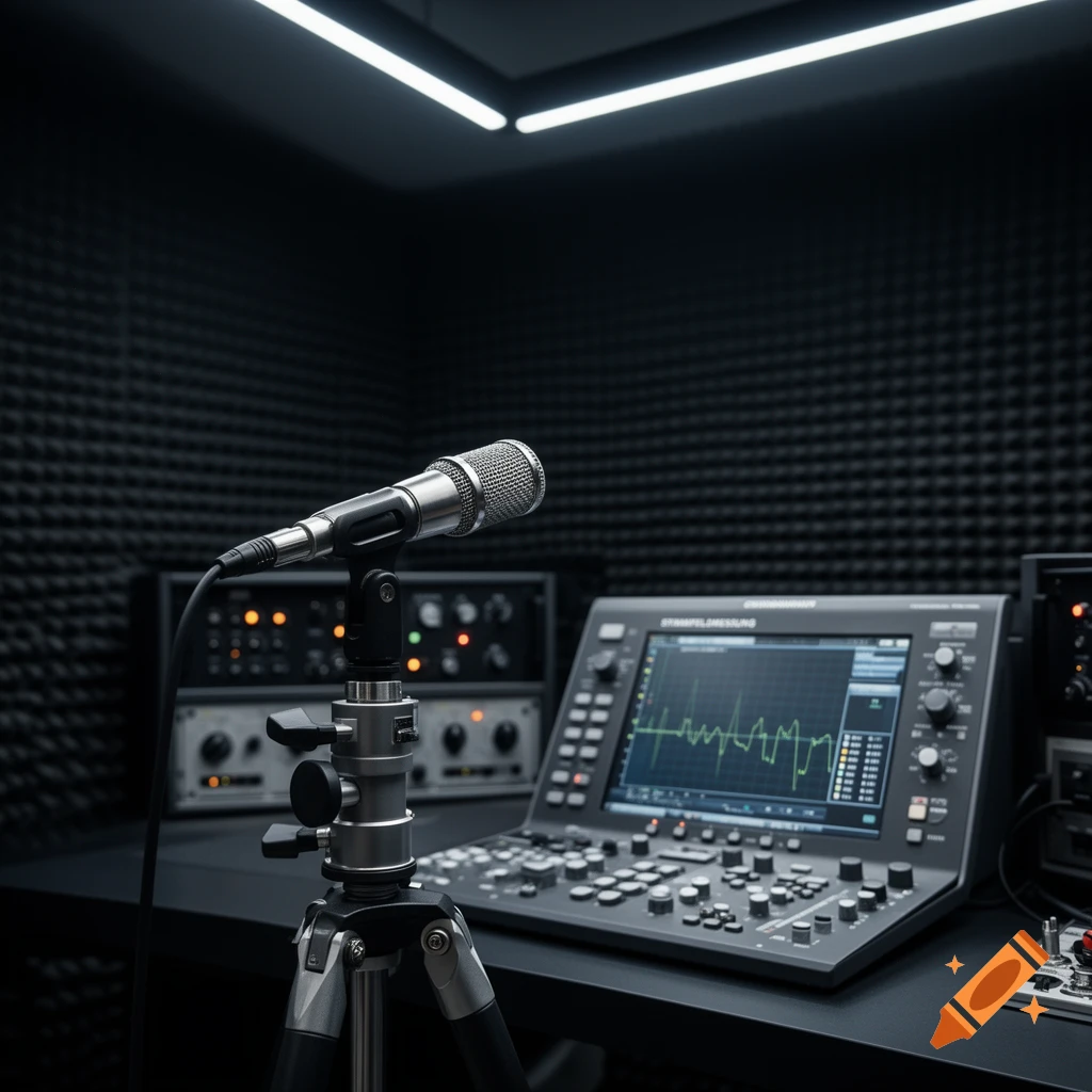 A detailed view of a recording studio with a silver microphone on a tripod stand in the foreground and a sound mixing console displaying a waveform in the background.