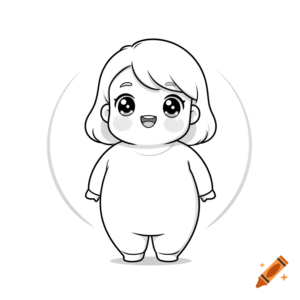 Black and white linart cartoon of a happy, chubby chibi girl with short hair.