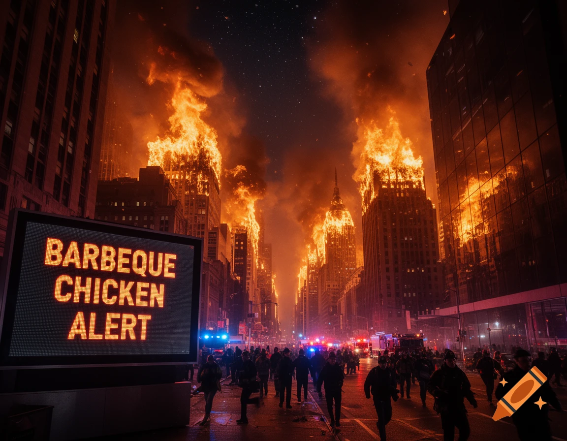 Photorealistic city street at night with burning skyscrapers. A digital sign reads 'BARBEQUE CHICKEN ALERT' as people run below.