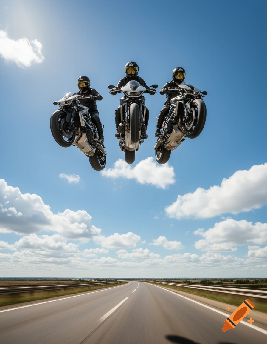 Three motorcyclists on road bikes fly high above a multi-lane highway under a blue sky with scattered clouds.