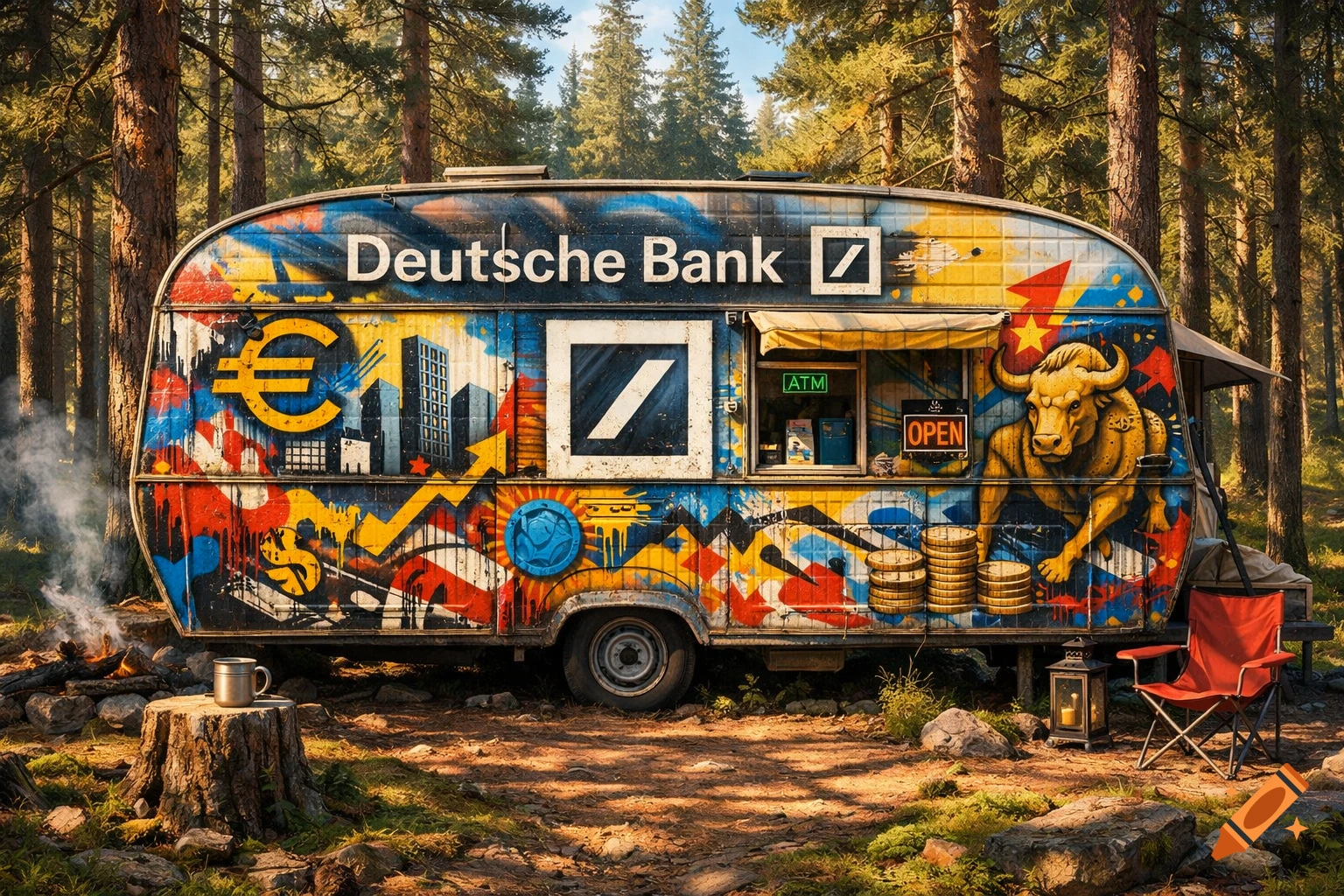 A colorful graffiti-covered caravan, adorned with Deutsche Bank branding and financial symbols, serves as a mobile ATM in a forest campsite.