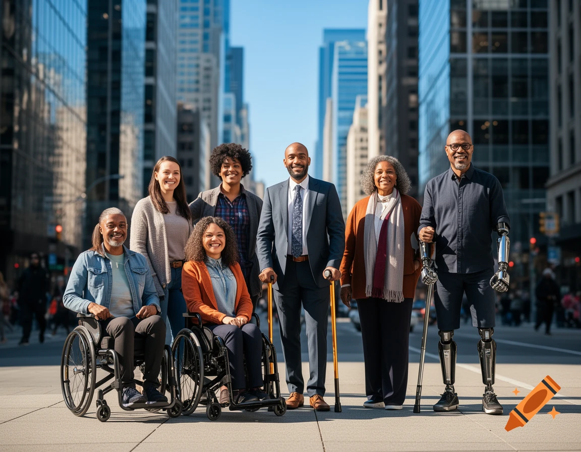 A diverse group of people, including individuals in wheelchairs and with prosthetics, stand smiling on a city street.