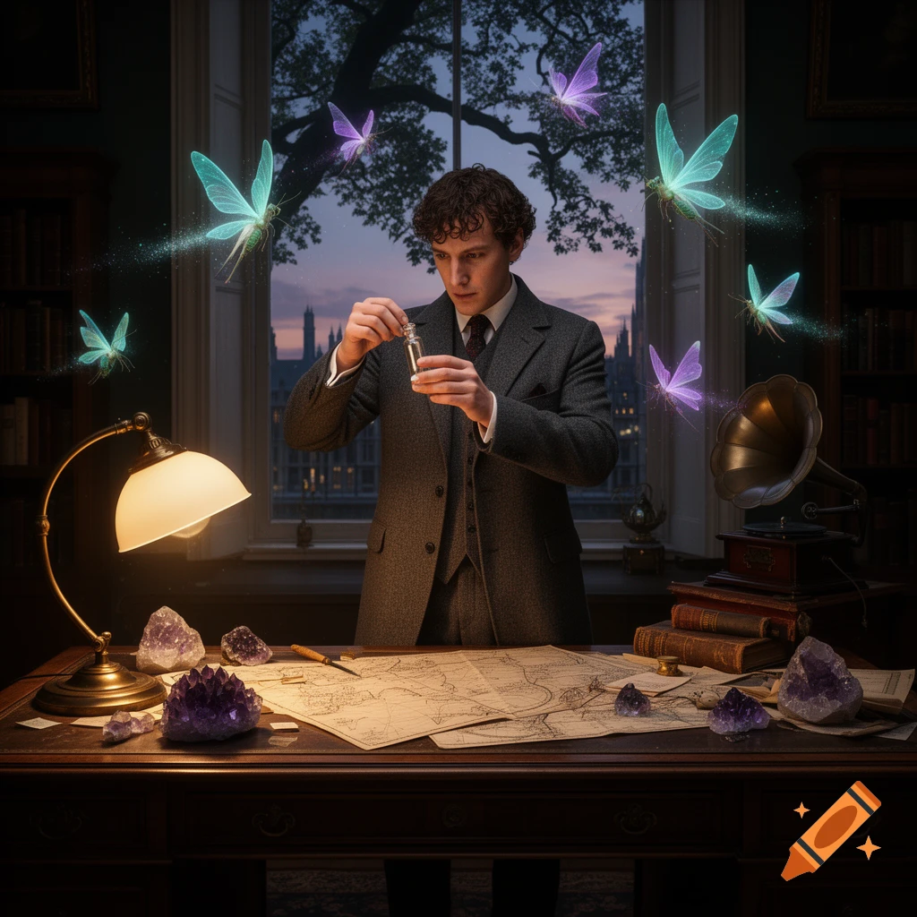 A man resembling Sherlock Holmes in a tweed suit examines a vial, surrounded by glowing blue and purple butterflies in a dimly lit study with maps and crystals.