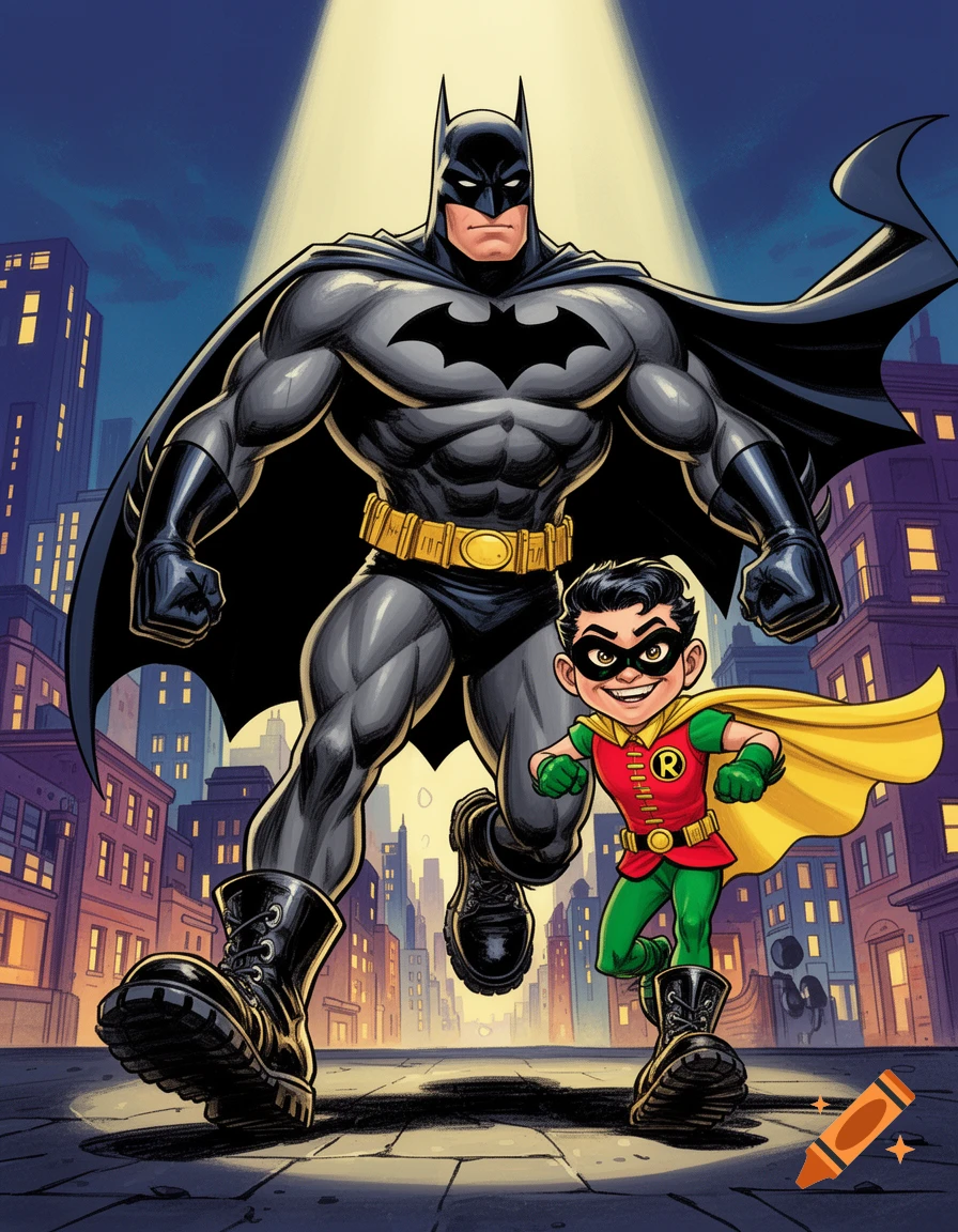 Caricature of a muscular Batman and a smiling Robin running forward in a city under a spotlight at night, comic art style.
