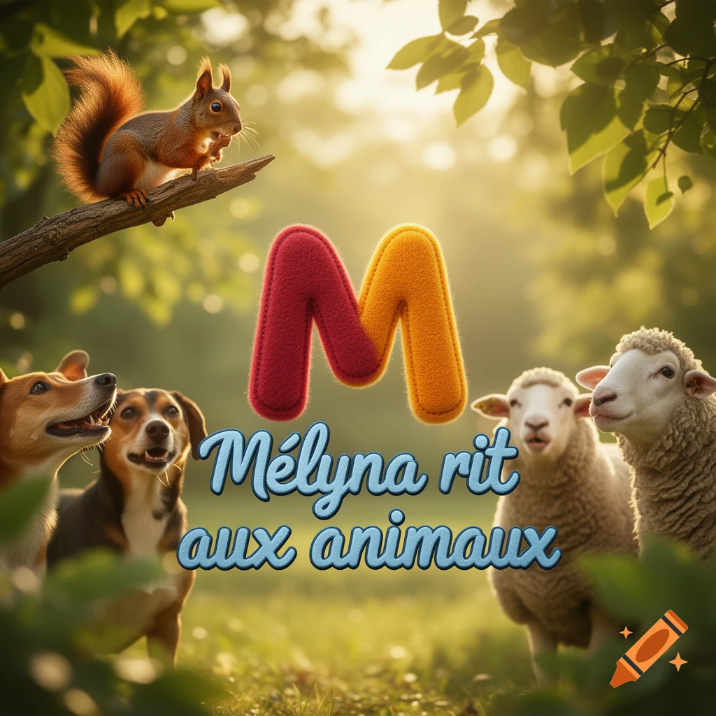 A squirrel, two dogs, two sheep, a large red and yellow M, and text 'Mélyna rit aux animaux' in a sunny forest.